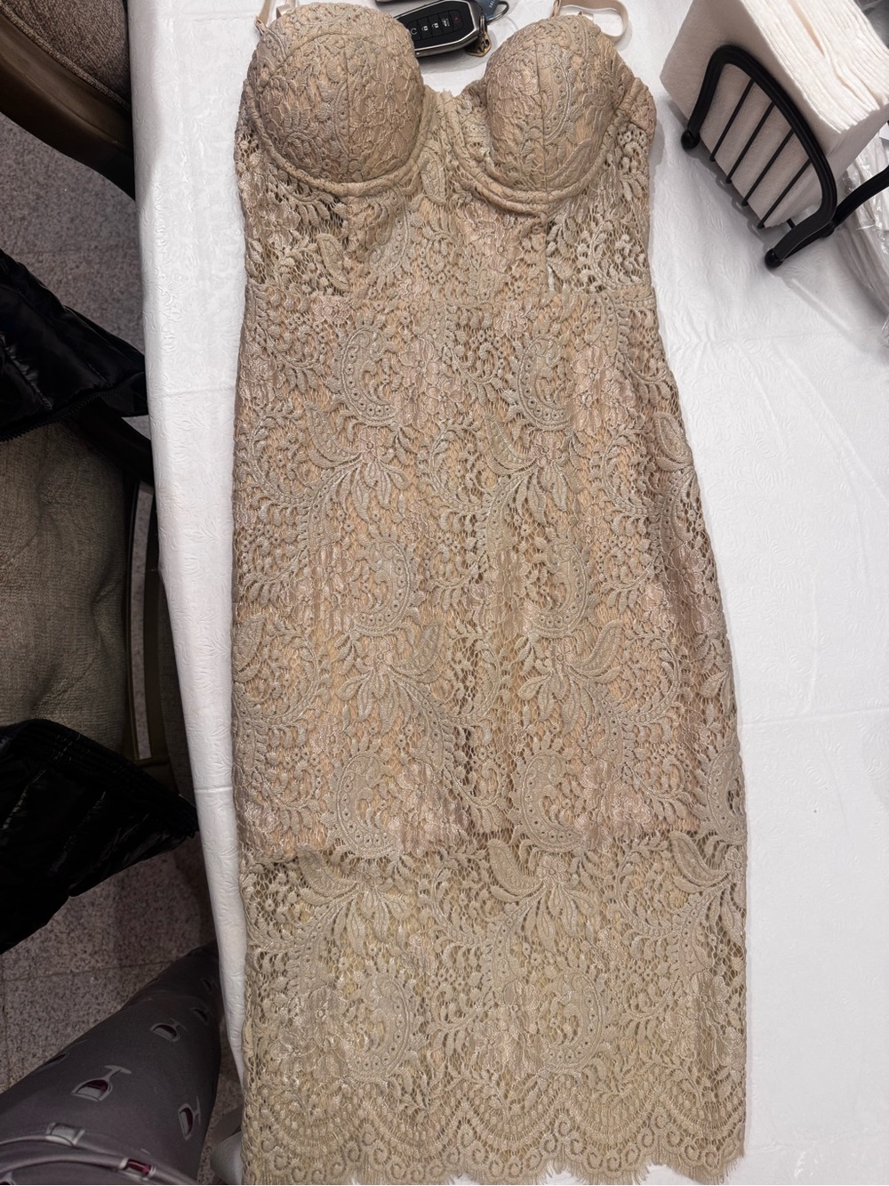bebe Cream Lace Strapless Midi Dress